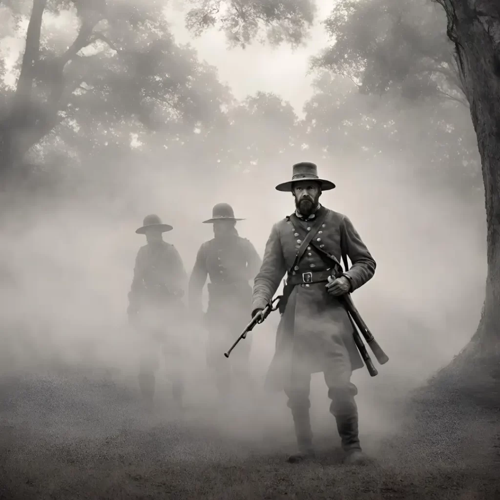 Three Civil War soldiers standing in the mist