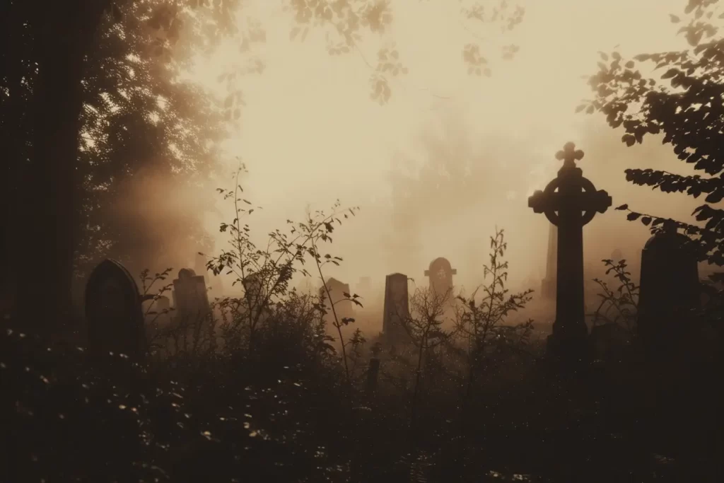 A cemetery full of tombstones.