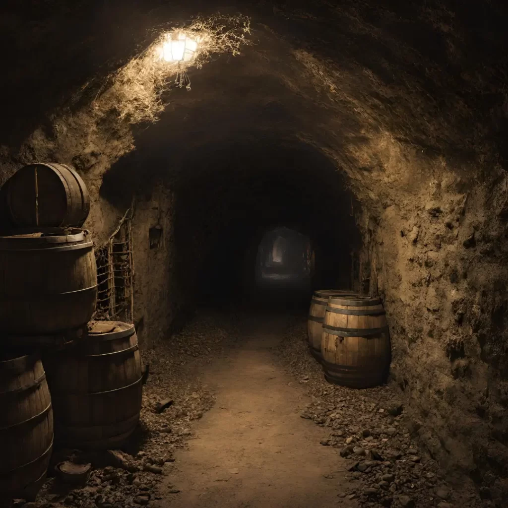 Darkened brick tunnel with barrels