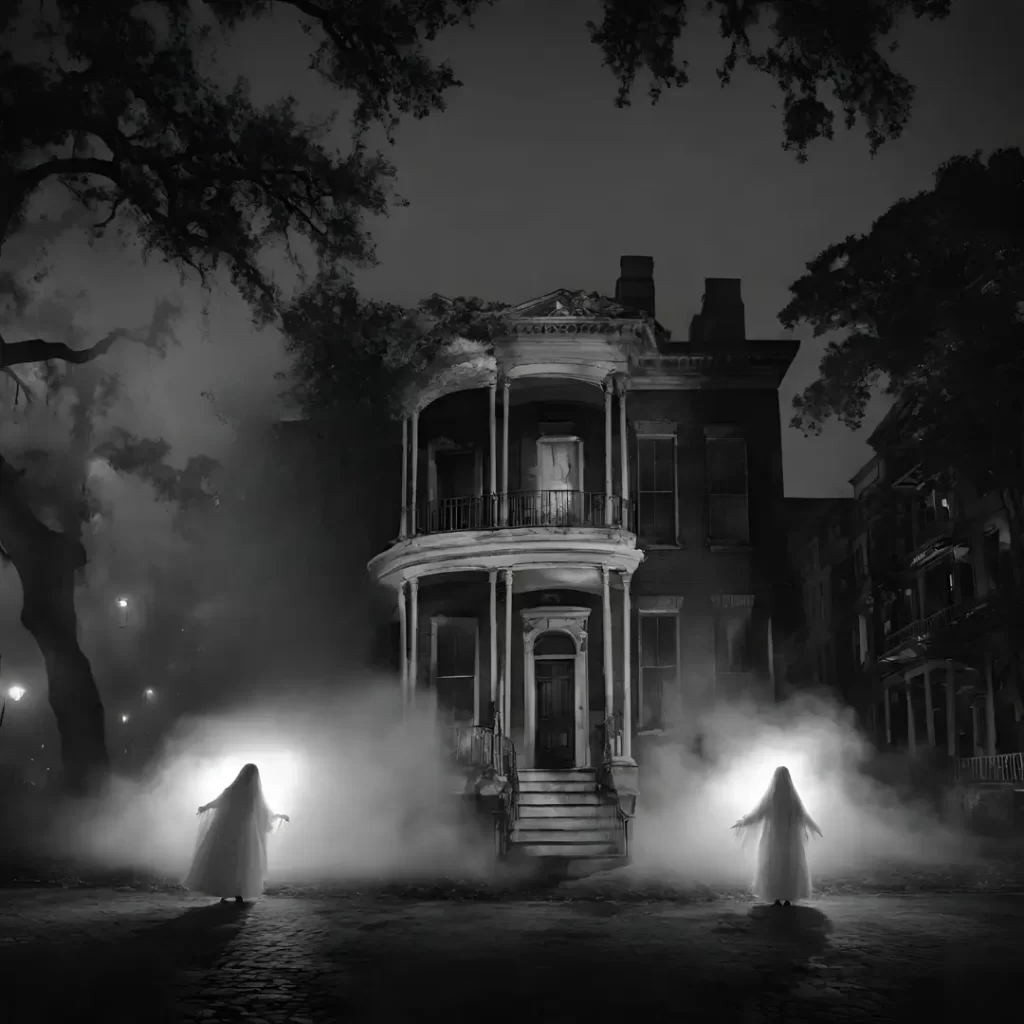 Ghosts standing outside of a house at night