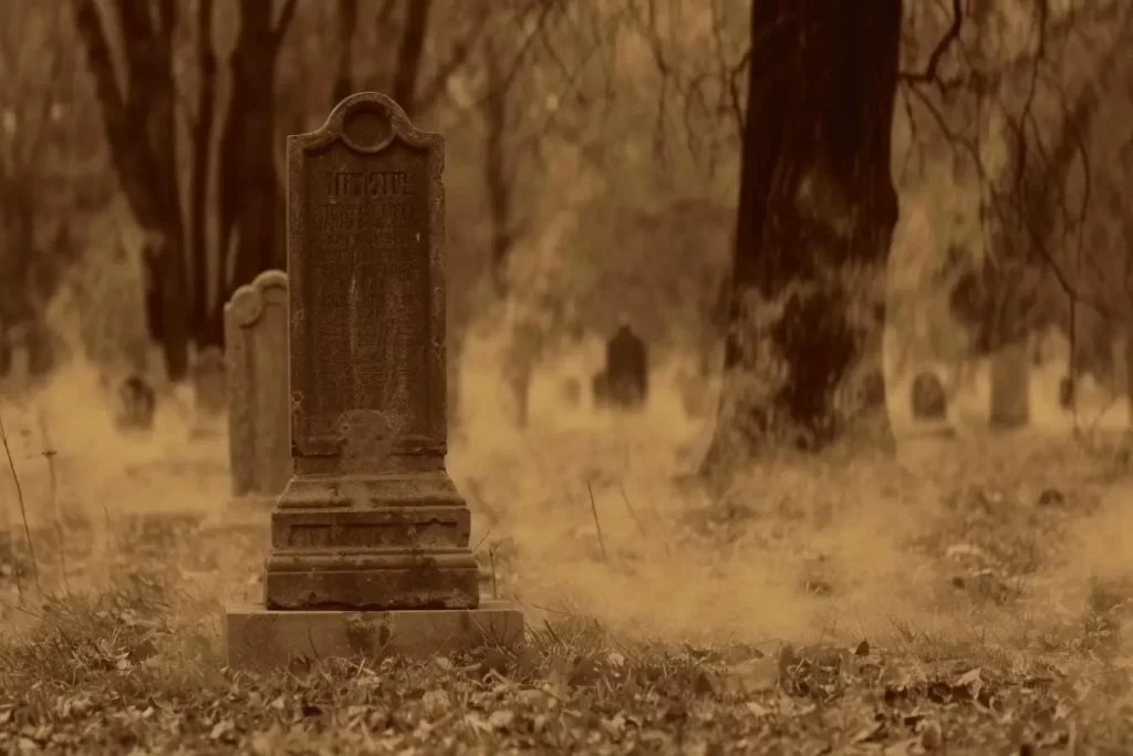 Shadows linger among the old cemetery graves