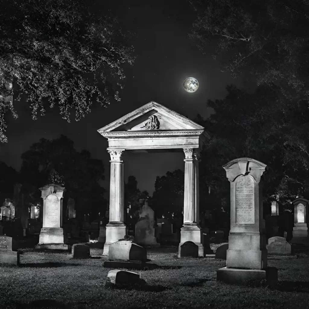 Cemetery at night with headstones and pillars