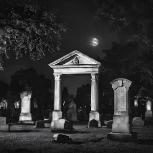 Cemetery at night with headstones and pillars