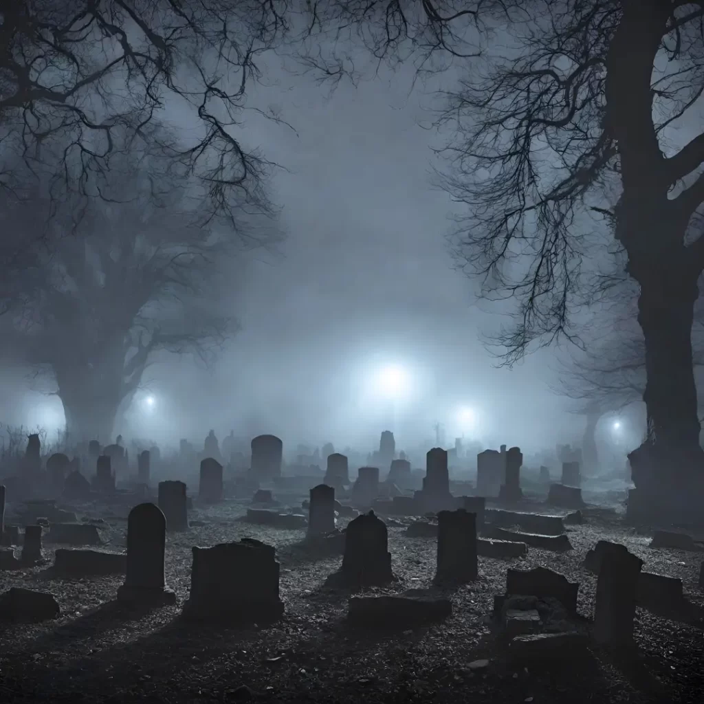 Cemetery headstones at night