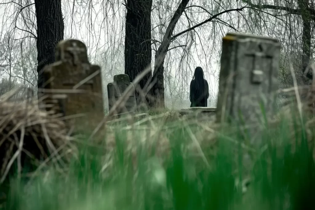 Ghostly figure standing in graveyard