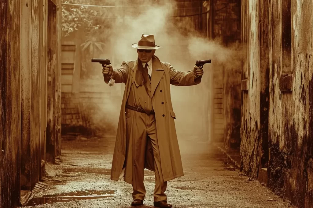 Mobster in trench coat firing two guns