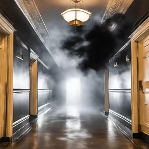 Black smoke in a hotel hallway