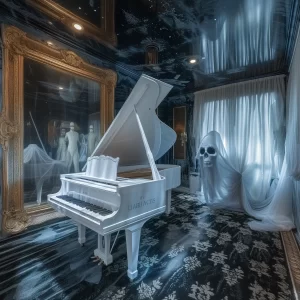 A ghost staring at a white piano