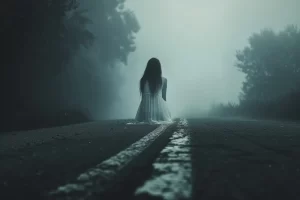 A woman sitting on a highway