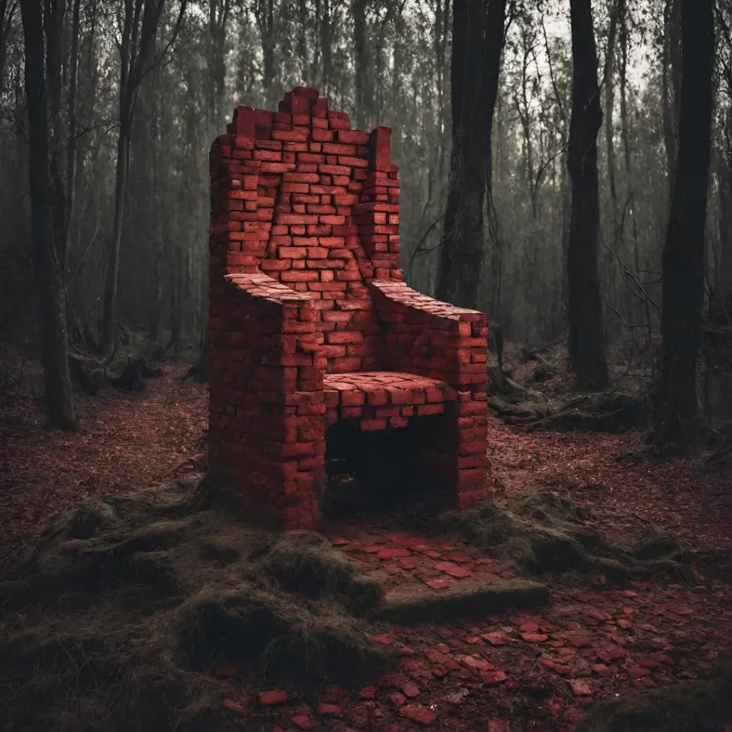 A red brick chair in the forest