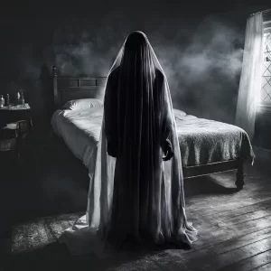 Ghostly figure in a bedroom