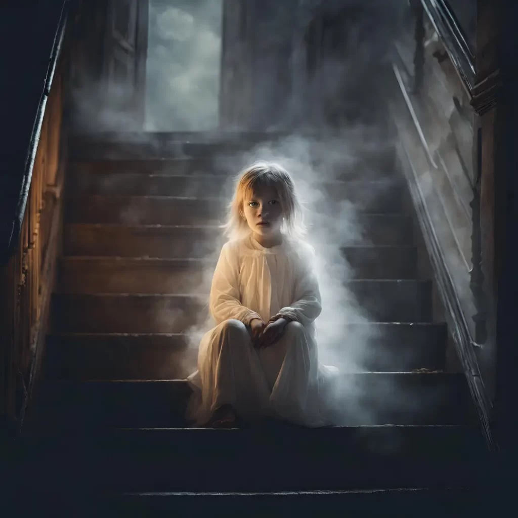 Ghostly child sitting on staircase