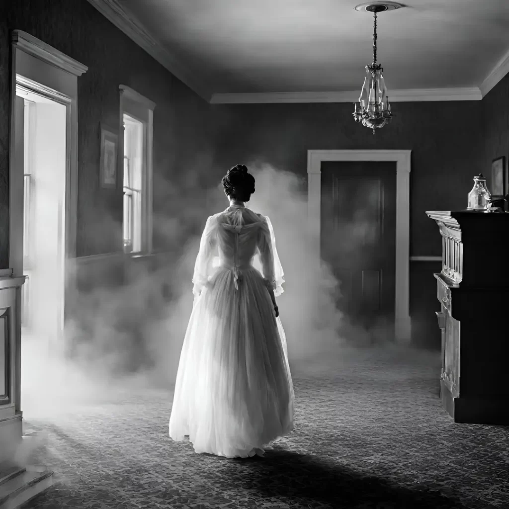 A ghostly woman stands in a hotel room surrounded by fog