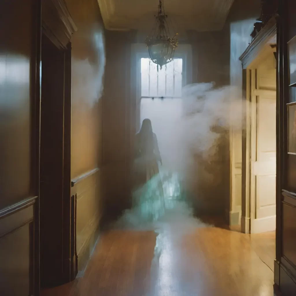 A ghostly woman walking down a hallway