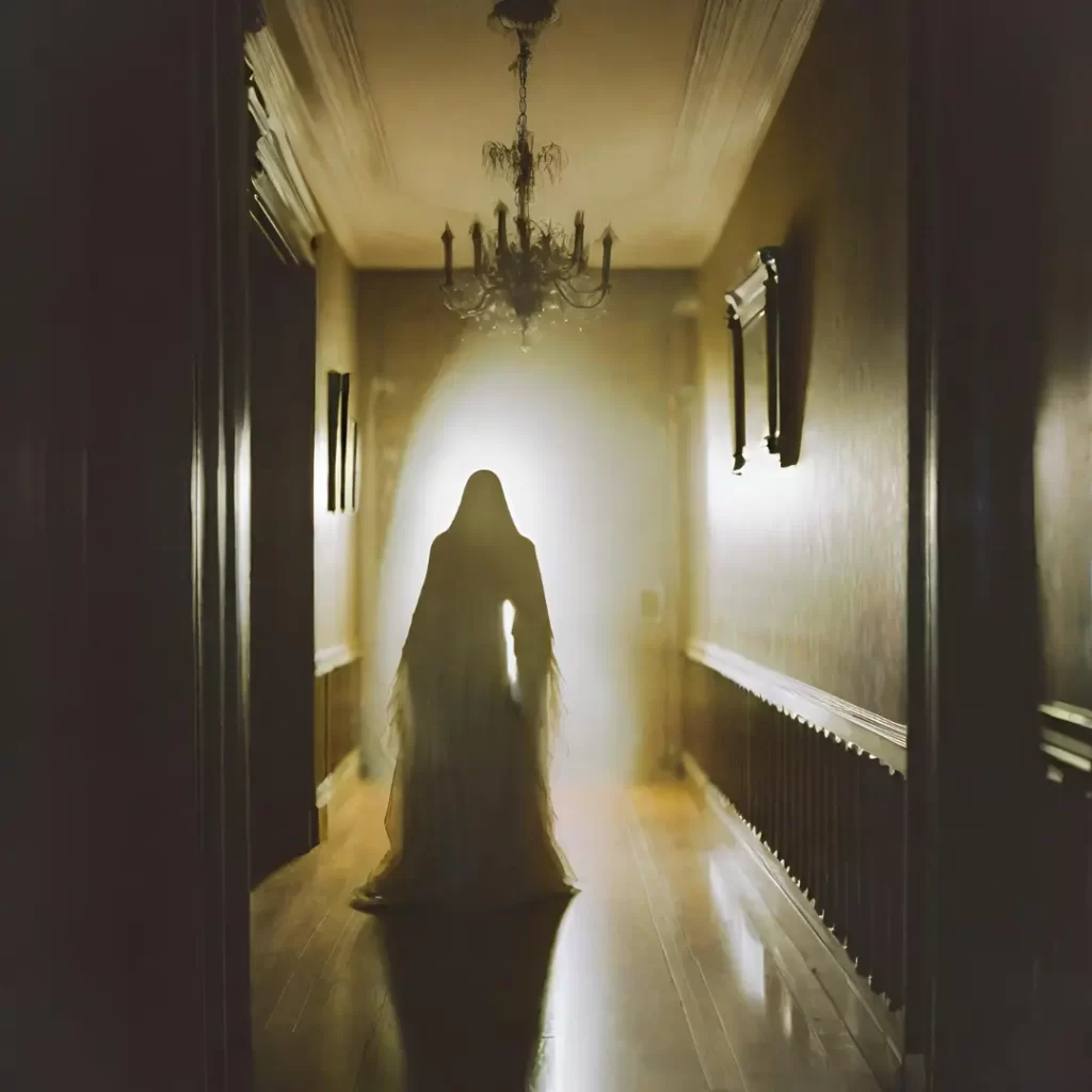 A ghostly woman in a hallway