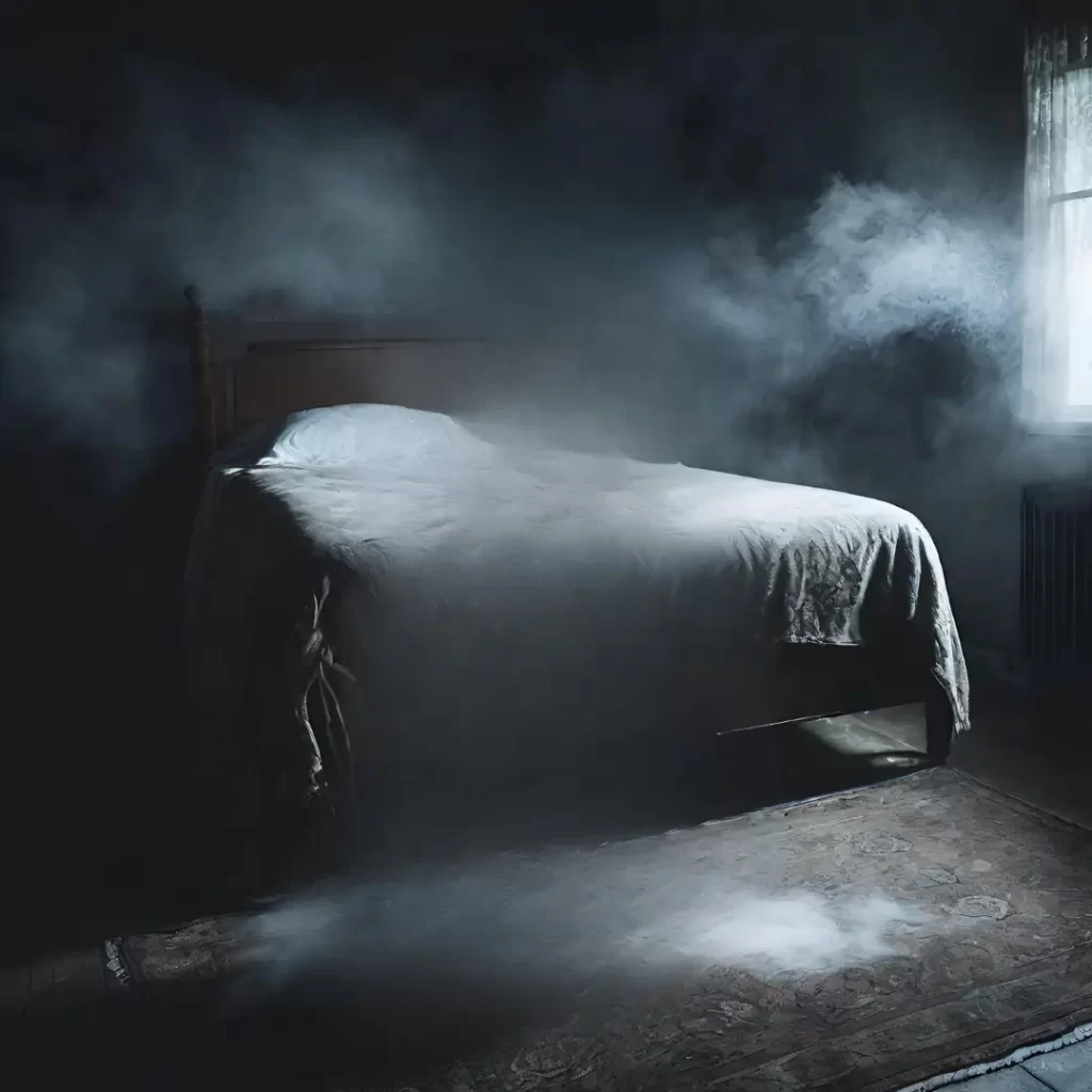 Mist around a bed in a hotel