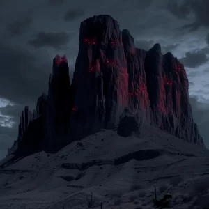 Ominous mountains with red lights on them