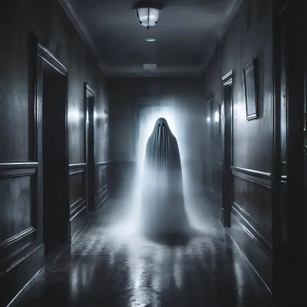 Ghost standing in a hotel hallway