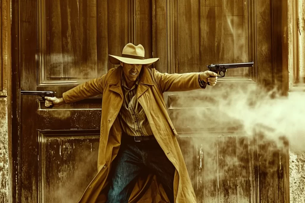 A gunslinger in front of a door