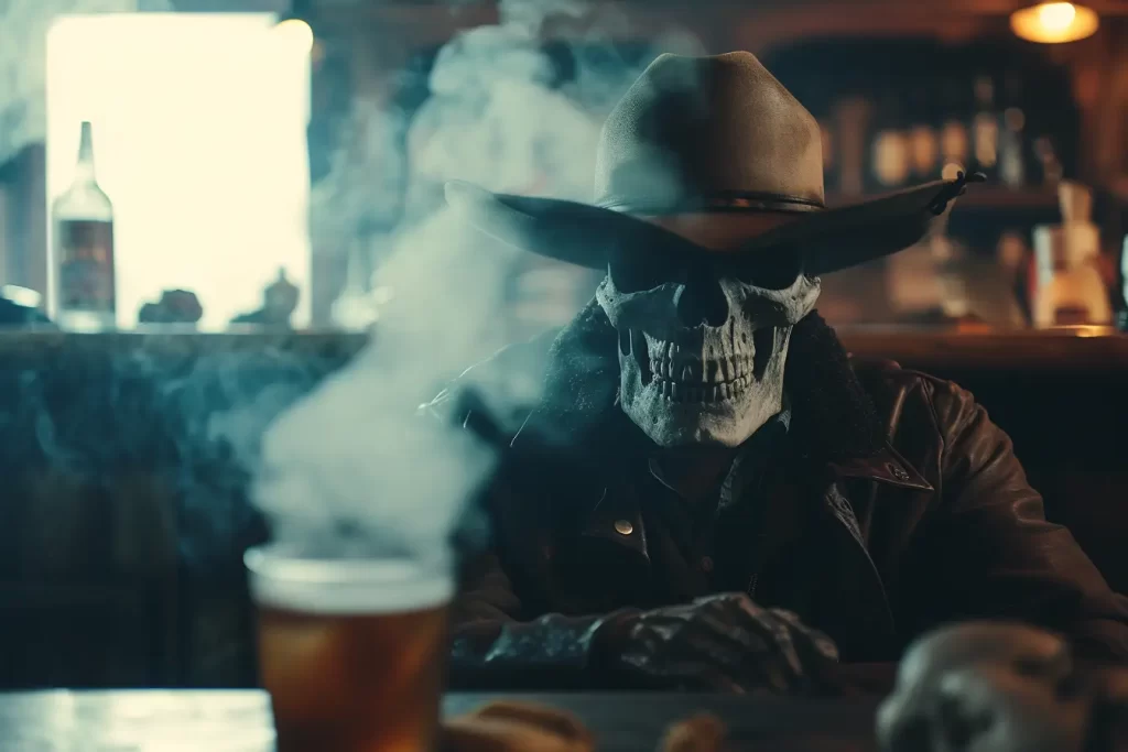 Skeleton cowboy ghost sitting at bar