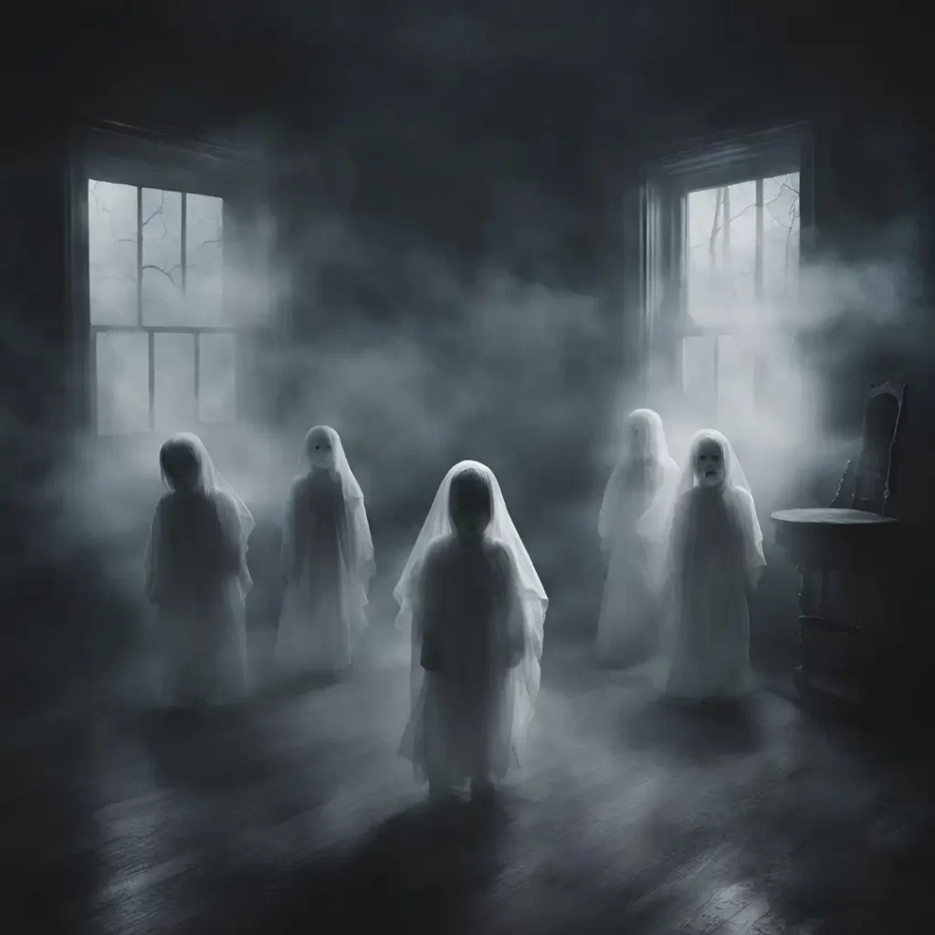 Ghostly figures of children standing in a room