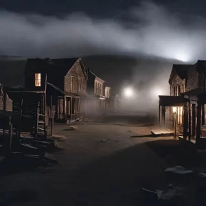 Ghost town at night with ghostly mist