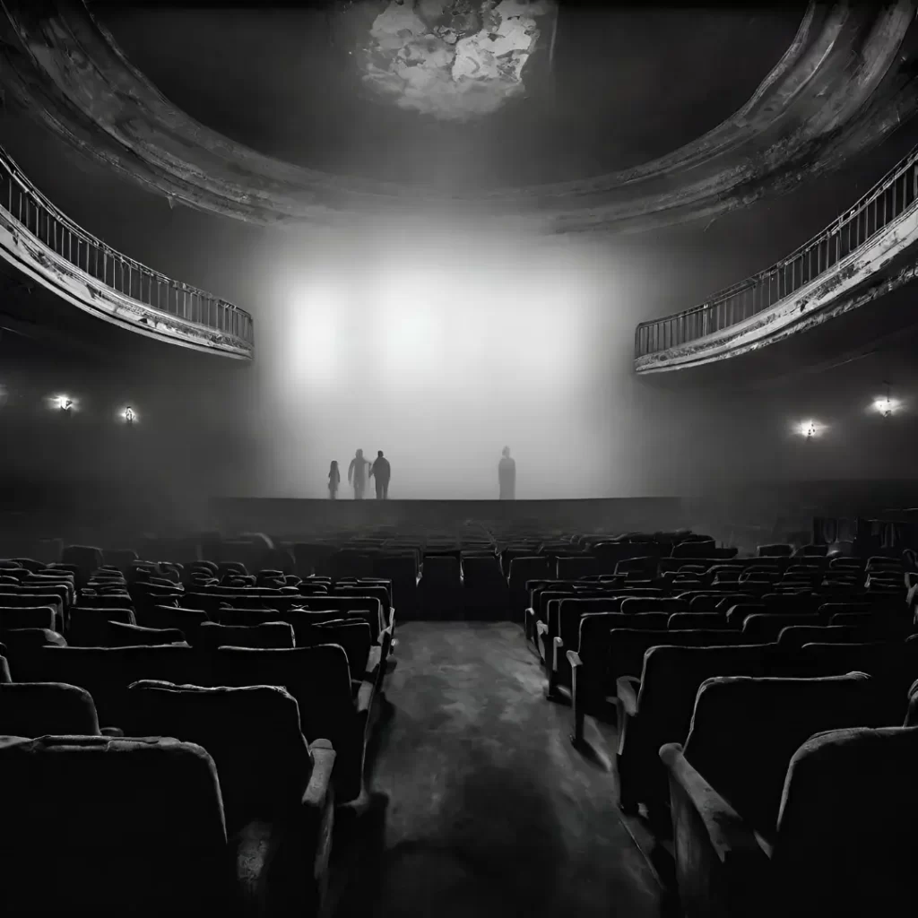 Ghosts stand on stage in a darkened theater