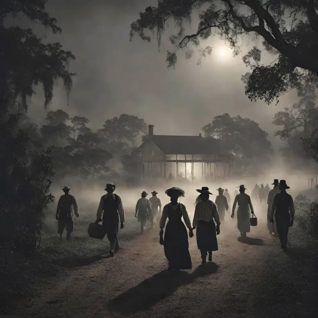 A group of people walking away from a house