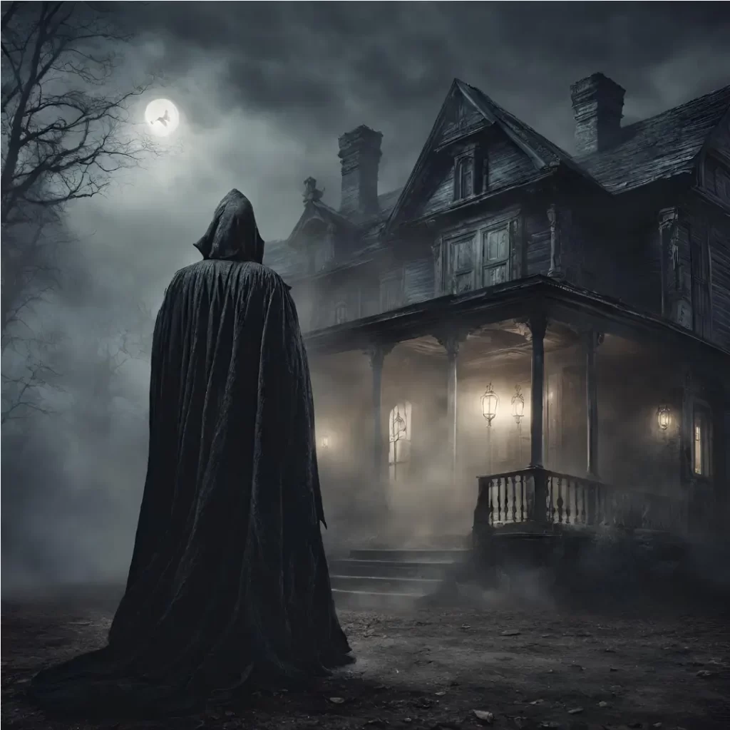 A dark figure outside of a house