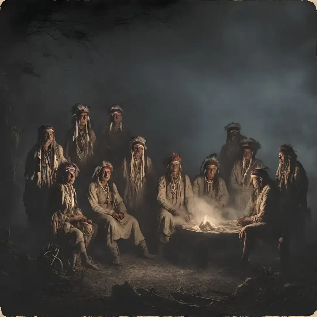 A group of Native Americans are gathered around a fire