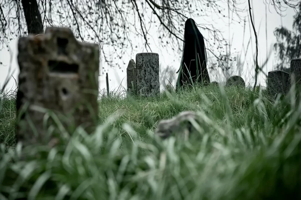 Ghostly figure standing in graveyard in the daytime