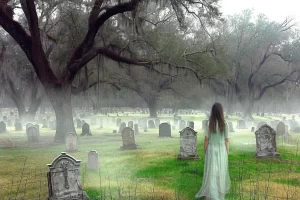 Ghostly figure of woman standing in misty graveyard