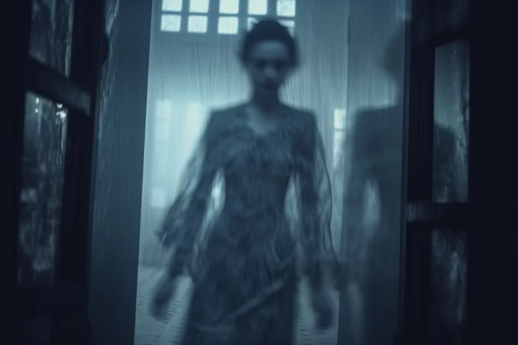 A ghostly woman walking into a room